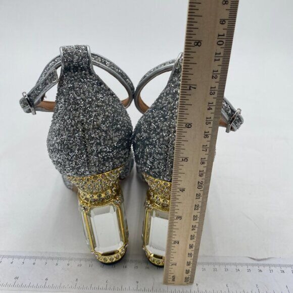 FSJ Silver GlitterCrystal Heels Pointed Toe Rhinestone Pumps Ankle Strap Shoes - Picture 5 of 8